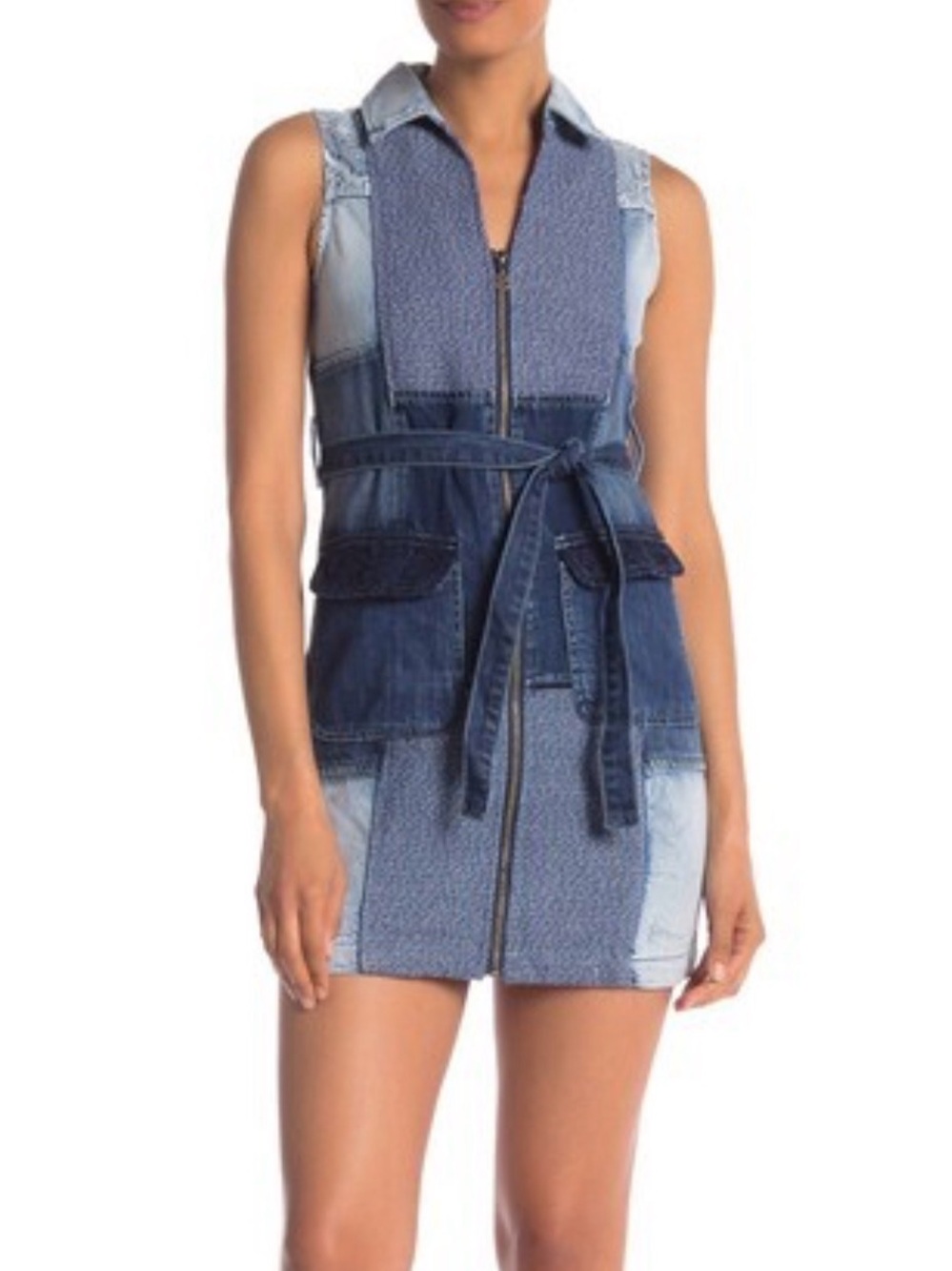 Desigual Blue Patchwork Denim Dress with Waist Tie - Picture 2 of 6